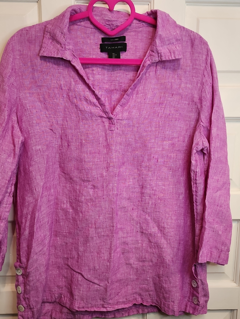 Tahari Lavender-Pink 100% Linen Collared V-Neck Top 3/4 Sleeves 3 Side Buttons